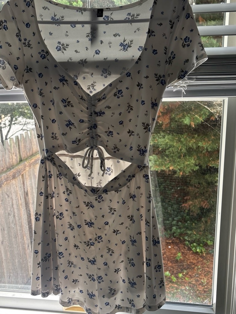 White Floral Tie-Front Short Dress romper with Blue Print